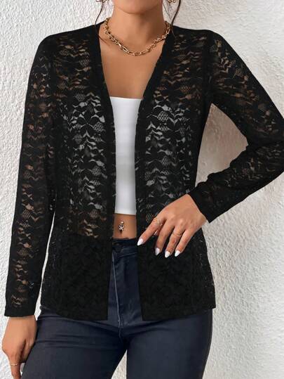 Yukiwi Women's Elegant Camellia Lace Long Sleeve Jacket Casual Black Spring