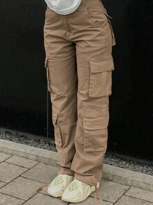 女士纯色带盖口袋工装裤 - 卡其色 - 查看 1