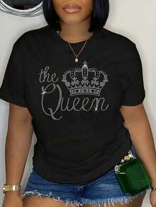 SHEIN LUNE Plus Size Crown & Letter Print Short Sleeve T-Shirt - Black - View 1