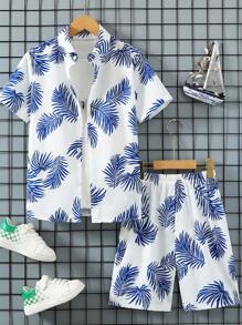 SHEIN Cậu bé Tween Bản in lá Ngắn tay Áo sơ mi Và Bộ quần short - Nhiều màu - Xem 1