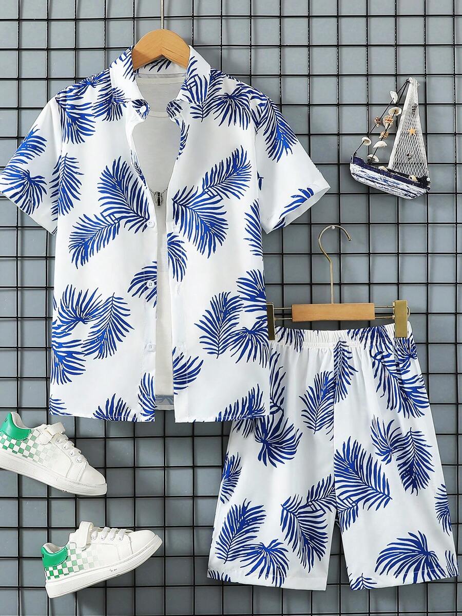 SHEIN Cậu bé Tween Bản in lá Ngắn tay Áo sơ mi Và Bộ quần short - Nhiều màu - Xem 1