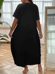 SHEIN LUNE Plus Size Round Neck Short Sleeve Dress With Hidden Pockets - Black - View 2