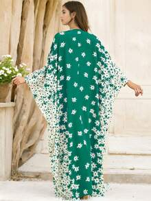 绿色蝙蝠袖宽松时尚长袍，朴素长袖阿拉伯连衣裙