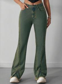 SHEIN ICON Quần Jeans Ống Loe Cạp Thấp Nhuộm Màu Cho Nữ - Rửa tối - Xem 1