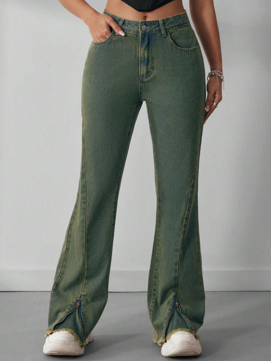 SHEIN ICON Quần Jeans Ống Loe Cạp Thấp Nhuộm Màu Cho Nữ - Rửa tối - Xem 1