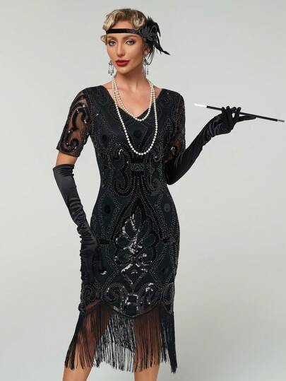 1 st damer 1920-tals vintage paljettnät kortärmad miniklänning elegant cocktail semiformell balklänning bröllopsgästklänning, för födelsedag, examen, middag, hemkomst, festklänning