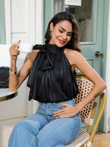 GENKIRA Blouse Sans Manches Pour Femme À Col Nœud Papillon - Preto - Ver 2