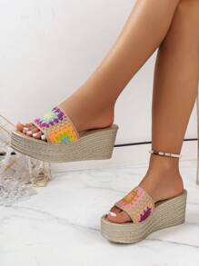 New Arrival Women'S Leisure Holiday Style Linen Wedge Heel Slippers With Flower Embellishment On Thick Sole