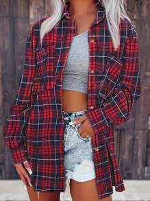 大碼休閒方格鈕扣襯衫帶口袋 - 紅色 - 查看 1