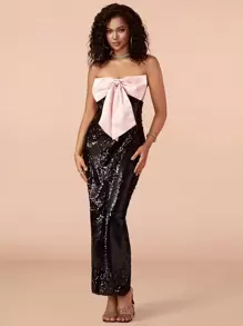 心形大蝴蝶結亮片露肩緊身浪漫派對連衣裙 - 黑色 - 查看 1