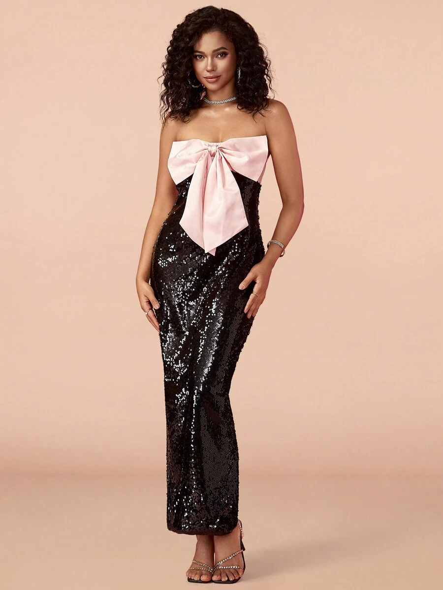 心形大蝴蝶結亮片露肩緊身浪漫派對連衣裙 - 黑色 - 查看 1
