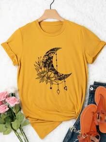 SHEIN LUNE 大碼月亮和印花T恤 - 芥末黃 - 查看 1