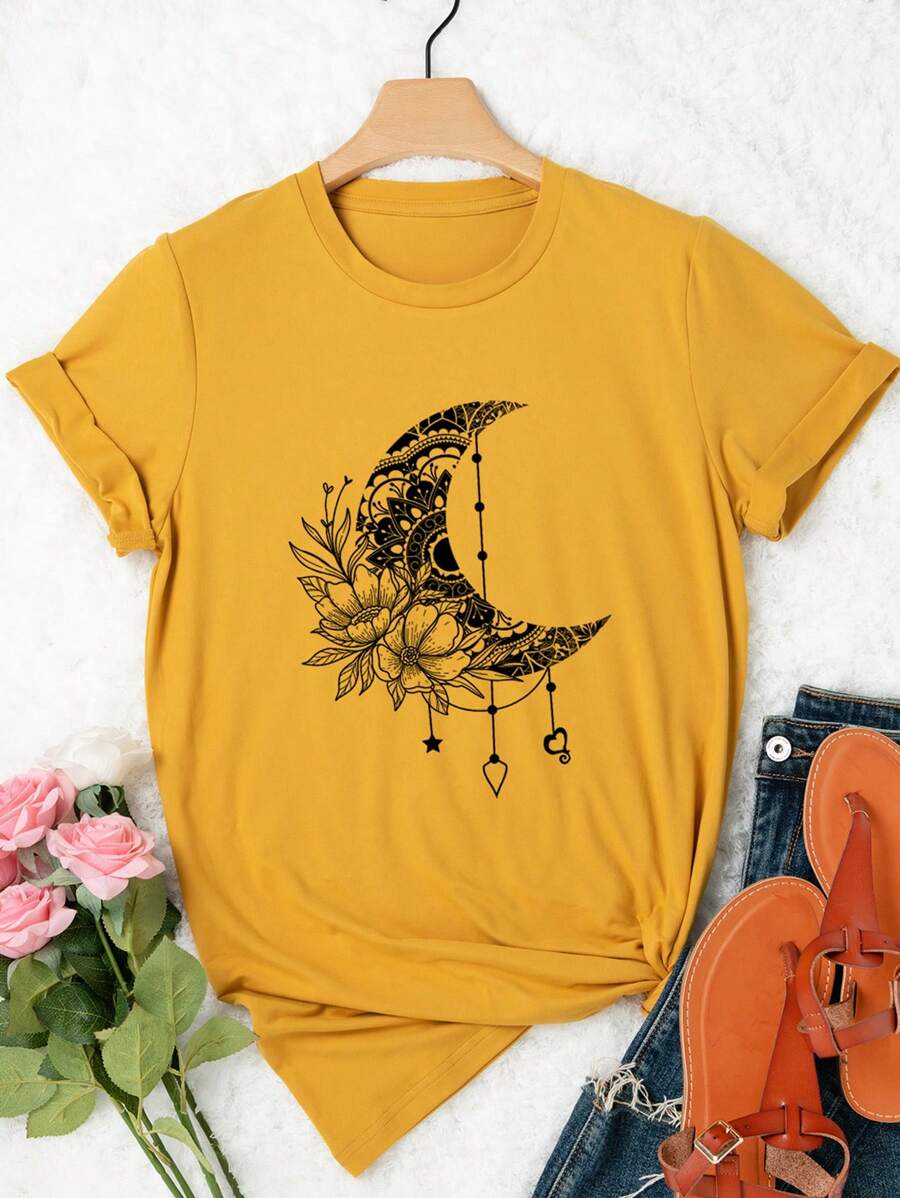 SHEIN LUNE 大碼月亮和印花T恤 - 芥末黃 - 查看 1