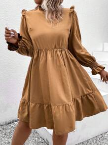 SHEIN LUNE 加大碼純色荷葉邊連衣裙 - 棕色 - 查看 3