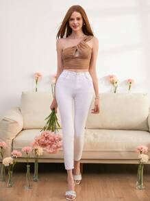 Chiquease Women'S One Shoulder Sleeveless Hollow Out Top - Mocha Brown - View 4