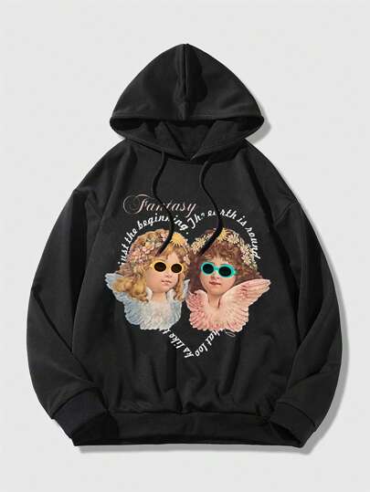 Street Life Sweat À Capuche Noir Imprimé D'ange Pour Homme