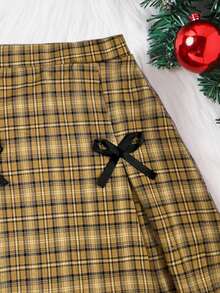 Cô gái Tween Kẻ sọc Váy Với Trang trí Bow - Màu Mù tạt vàng - Xem 6