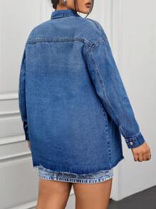 Women'S Frayed Edge Drop Shoulder Denim Shirt Top - Medium Wash - View 2