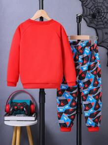 SHEIN 年輕男孩立體印花運動套裝 - 紅色 - 查看 2