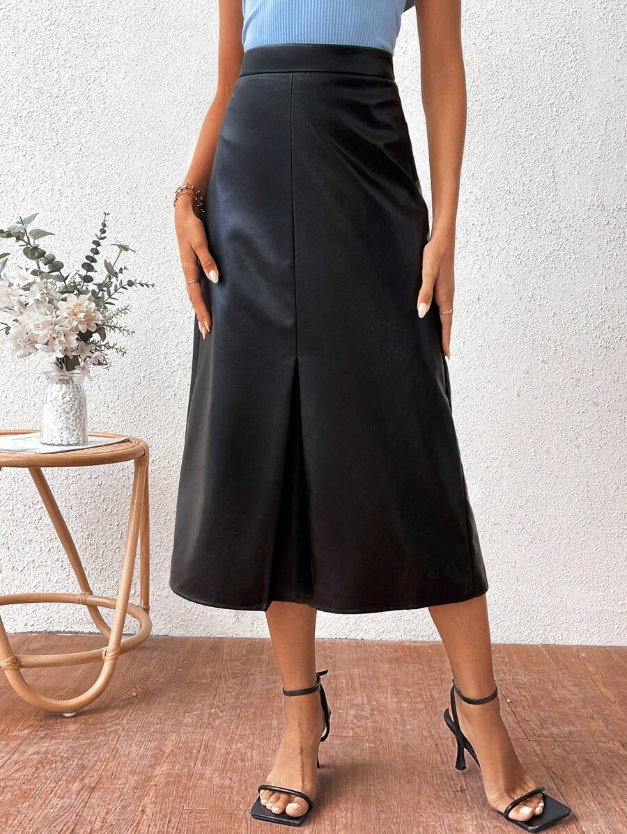 SHEIN Frenchy PU Faux Leather High Waisted Skirt With Front Split - Black - View 1