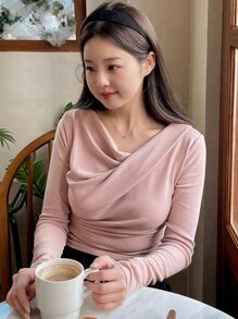 DAZY 围脖领纯色长袖褶皱T恤，秋装 - 粉色 - 查看 7