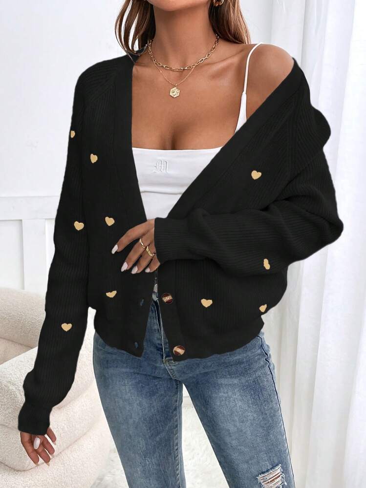 SHEIN Frenchy Women's Heart Embroidered V-Neck Cardigan,Ladies Spring/Fall Casual Button Raglan Sleeve Deep V Neck Regular Fit Black Heart Women Cardigans,Casual Daily Wear,Long Sleeve Tops Winter Thanks Giving Valentine's Day - Black - View 4
