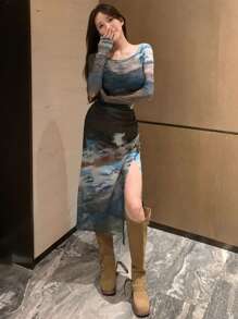 DAZY Vestido de manga larga con abertura y bajo de malla con efecto tie-dye, vestido casual para mujer, vestido de otoño