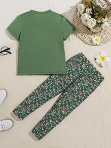 SHEIN 2 pezzi Set di Maglietta a maniche corte con stampa floreale e lettera e leggings adatto per uso quotidiano, feste e vacanze, Outfit verde estate per ragazzo giovane, Outfit verde per ragazze giovani