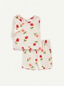 Cozy Pixies Bộ đồ ngủ 4 món in hoa cho bé gái - Áo tay ngắn & quần short - Hồng - Xem 6