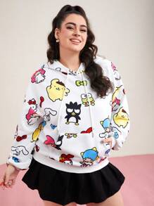 HELLO KITTY AND FRIENDS | SHEIN Plus Cartoon Allover Print Drawstring Hoodie - White - View 5
