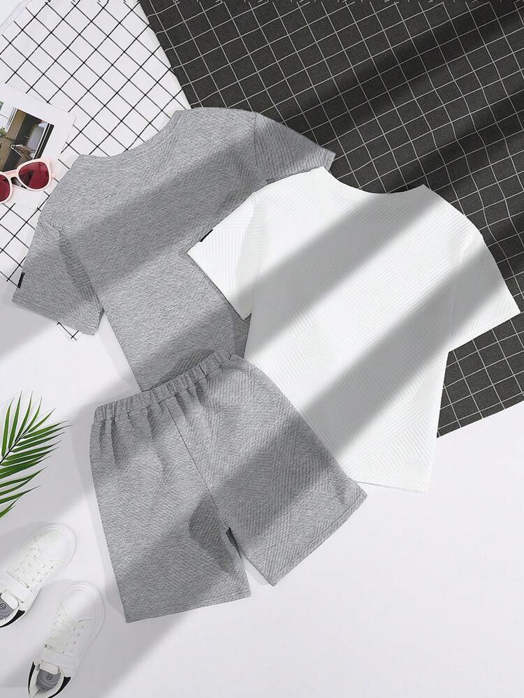 Tween Boys' Casual & Vacation Style Solid With Patchwork Round Neck Loose Fit Tee Shirt, 2 Colors + 1 Knit Shorts 3pcs/Set
