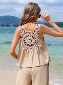 鉤織面板無背無袖上衣和寬腳褲度假套裝 - 卡其色 - 查看 5