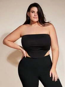 SHEIN BASICS 女性加大碼實色無肩帶上衣,不對稱下擺設計 - 黑色 - 查看 8