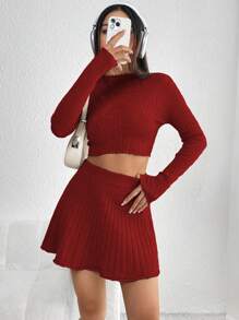 Lunelith SHEIN Lunessa 2 szt./zestaw Damski Przycięte Swetry I Spódnica z dzianiny