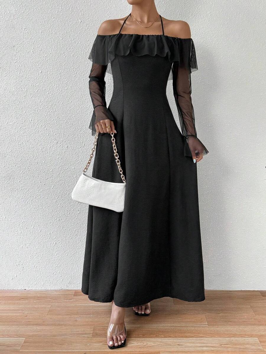 Chiquease 不对称露肩优雅网眼连衣裙，配有收腰细节，超长女士服装 - 黑色 - 查看 1