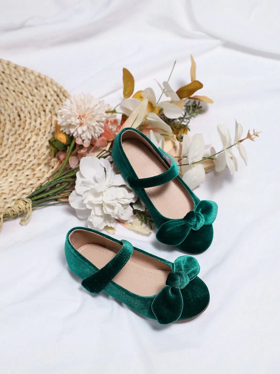 Girls' Velvet Princess Flat Shoes With Bowknot & Low Vamp, Suitable For Daily Wear, Dancing Parties & Winter Season - Green - View 1