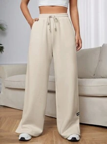 SHEIN EZwear 女款純色束口腰運動褲 - 杏色 - 查看 4