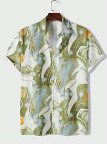Men's Printed Button Down Short Sleeve Shirt - Green - View 1