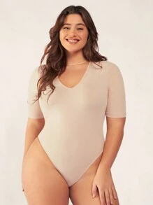 SHEIN BASICS Plus V-Neck Short Sleeve Bodysuit - Apricot - View 3