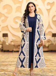 Al Najma Plus Size Geometric Print Jacket And Drawstring Dress Two Pieces Set 2 Pieces Set