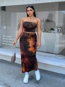 SHEIN EZwear Plus Tie Dye Crop Tube Top & Skirt - Multicolor - View 3