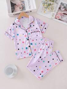 Tween Girls' Cute Purple Polka Dot Printed Short Sleeve Top & Pants Pajama Set With Button Front - Purple - View 1