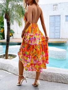 SHEIN VCAY Váy dây mảnh hở lưng in họa tiết nhiệt đới ngày lễ tình nhân cho nữ Váy đi nghỉ - Hồng - Xem 2