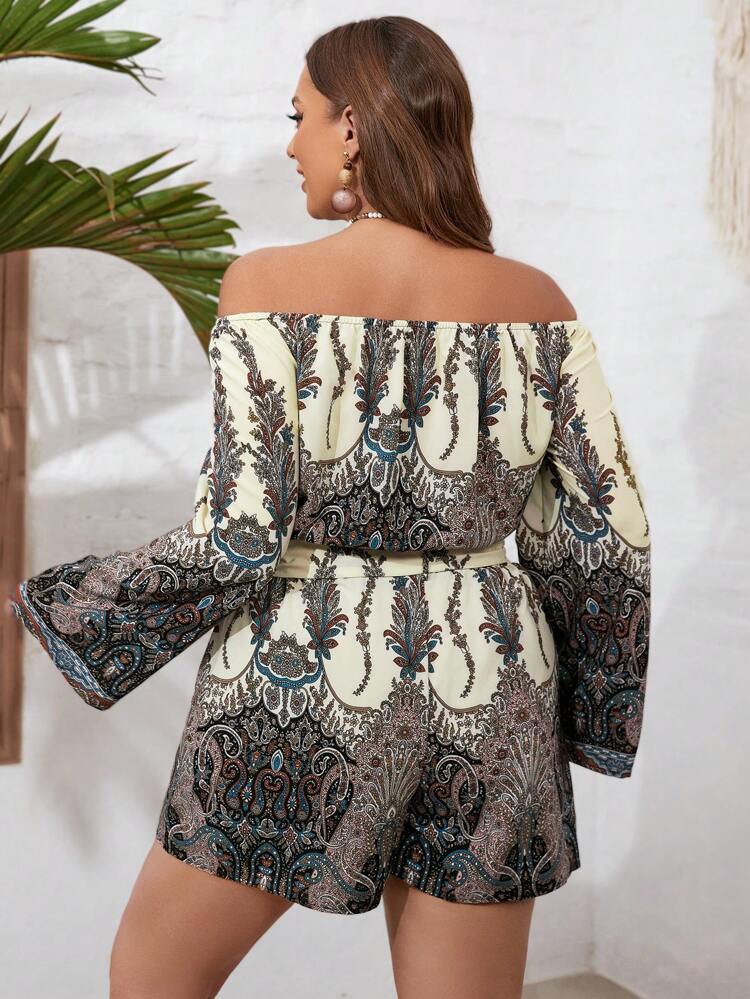 Plus Size Women's Floral Print Bell Sleeve Top And Shorts Set Summer Two Piece Outfits