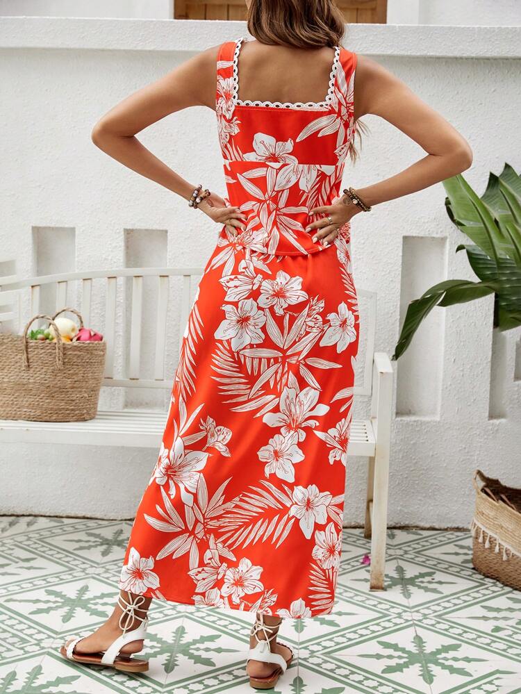 Women's Sleeveless Floral Print Tie-Front Top And Skirt Set