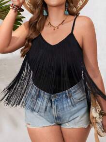 SHEIN VCAY Plus Size Women'S Patchwork Tassel Tank Top With Spaghetti Straps - Black - View 3