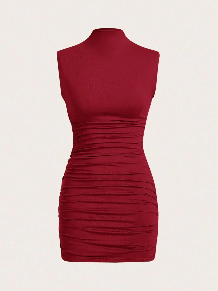 SHEIN EZwear 女士立领褶皱紧身连衣裙 - 酒紅色 - 查看 1