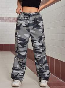 SHEIN Unity Camouflage Print Drawstring Waist Cargo Style Pants - Multicolor - View 6