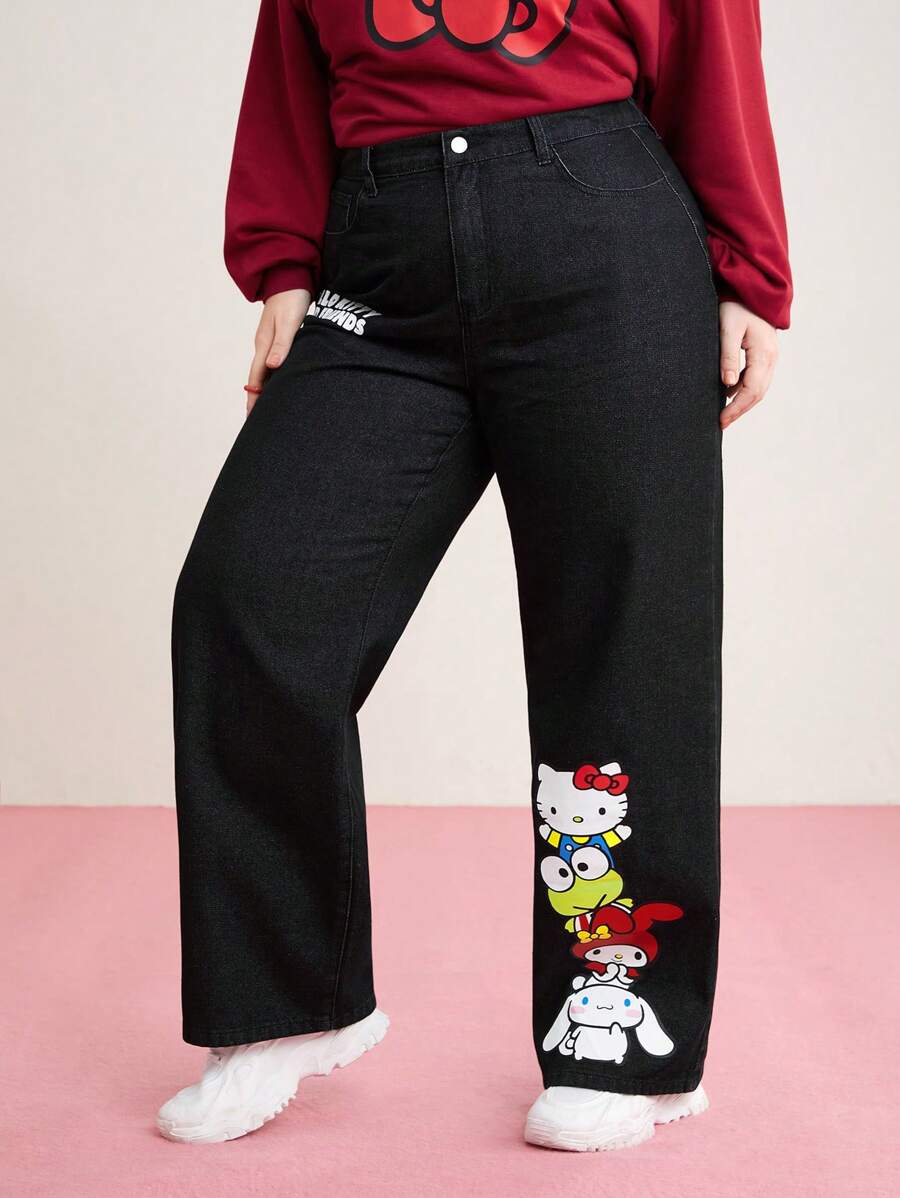 HELLO KITTY AND FRIENDS | SHEIN Plus Cartoon Letter Pattern Straight Leg Jeans