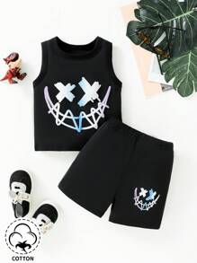 Dziecko Chłopcy 3D Uśmiechnięta twarz & Bańka Nadrukowany Rzemiosło Kamizelka I Szorty Streetwear Moda